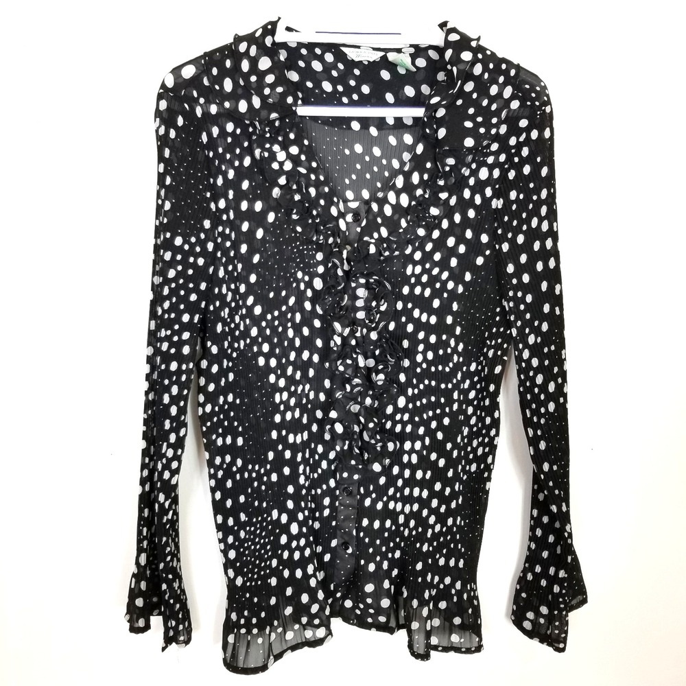 Laura Ashley Women Plus Polka Dot Blouse‎ Top Sz 2X Black White Gauze Stretchy